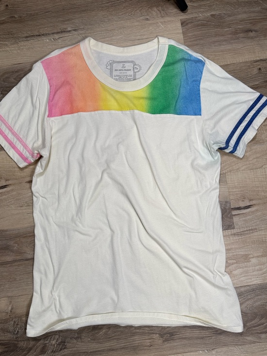Big Bud Press Other - Big Bud Press White T-Shirt with Rainbow Yoke and Pink/Blue Sleeve Stripes